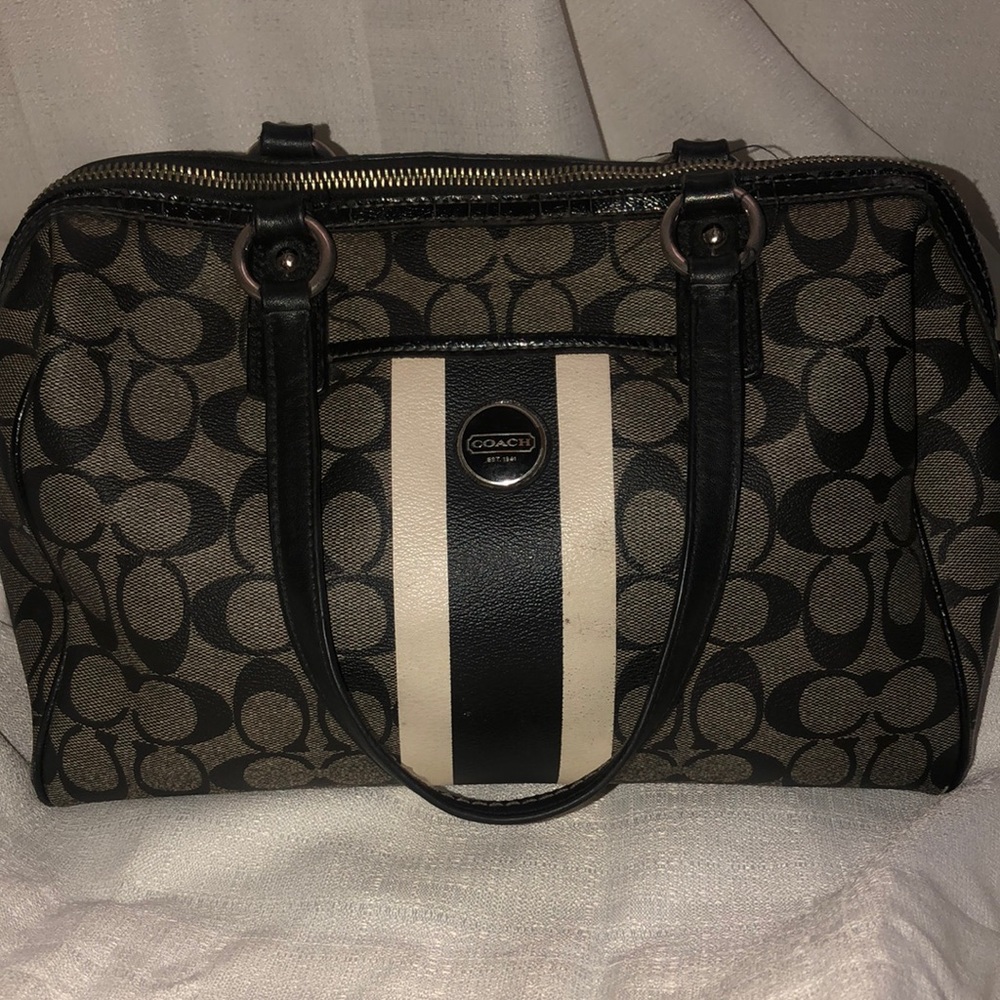 Coach Signature Stripe White Black Satchel